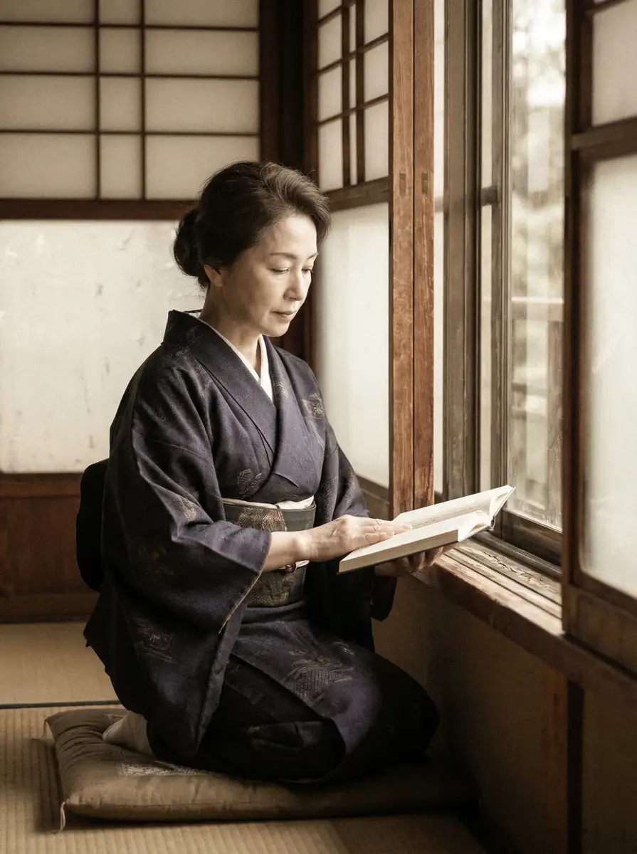 一位优雅的五十岁 狗头50分钟视频 身穿深蓝色和服，在窗边静读