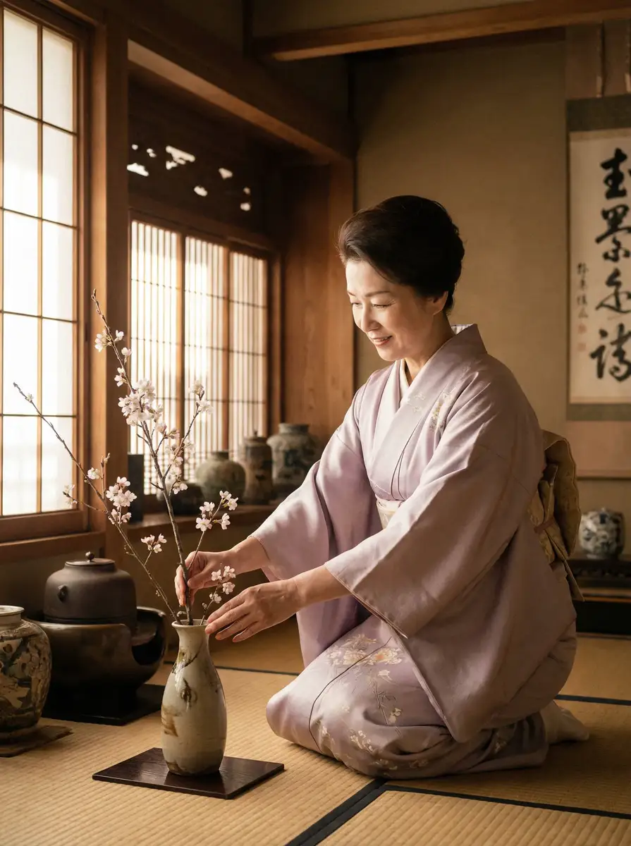 一位优雅的 狗头50分钟视频 在和室中插花
